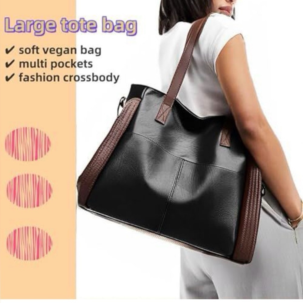 NEW Yaldomt Black/Brown Leather Bag Multi Pocket Zipper Closure - Picture 6 of 8